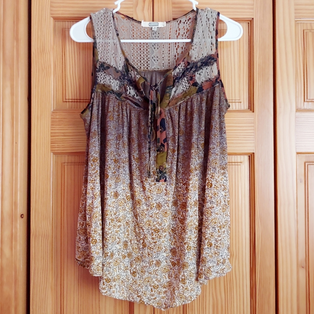 Pieced Floral Henley Tank Top